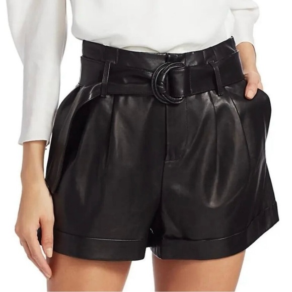 Frame Denim Pants - NWT FRAME Black Lamb Leather Paperbag Belted Shorts MSRP $595